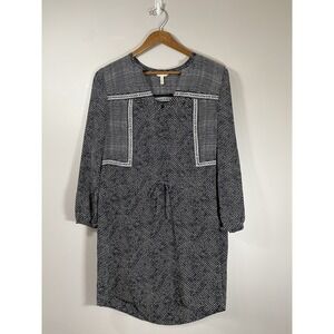 Rebecca Taylor Dress Womens Sz 4 Black White 100% Silk V Neck Long Sleeve Shift‎